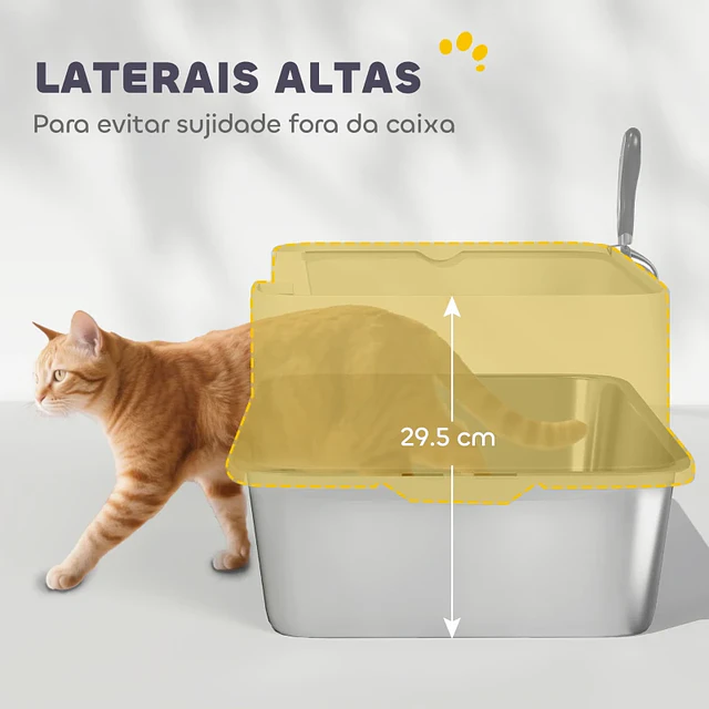 Caixa de Areia para Gatos em Aço Inoxidável XL Caixa de Areia para Gatos com Borda Alta e Pá 60x40x29,5 cm Cinzento
