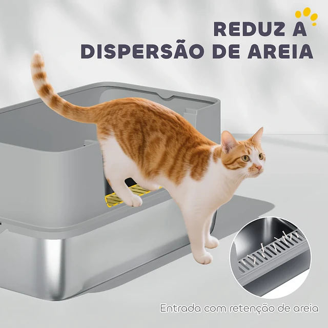 Caixa de Areia para Gatos em Aço Inoxidável XL Caixa de Areia para Gatos com Borda Alta e Pá 60x40x29,5 cm Cinzento
