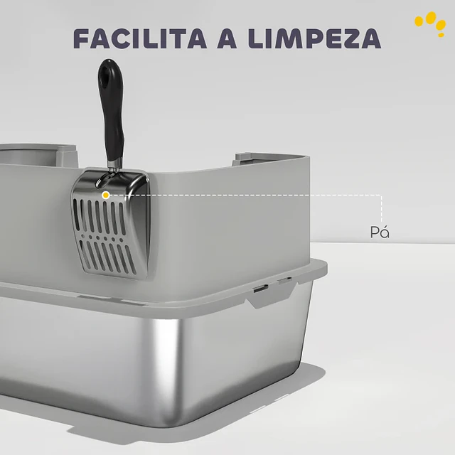 Caixa de Areia para Gatos em Aço Inoxidável XL Caixa de Areia para Gatos com Borda Alta e Pá 60x40x29,5 cm Cinzento