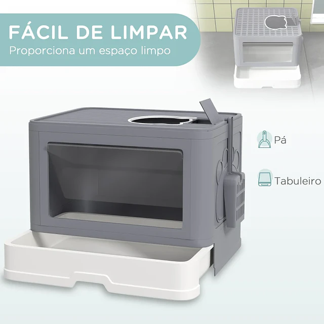 Caixa de Areia para Gatos Amovível com Pá Escova 2 Portas Entrada Principal e Saída Superior 48,5x38x36,5 cm Cinza