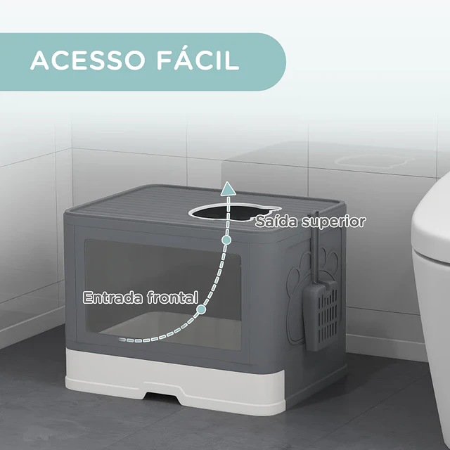 Caixa de Areia para Gatos Amovível com Pá Escova 2 Portas Entrada Principal e Saída Superior 48,5x38x36,5 cm Cinza