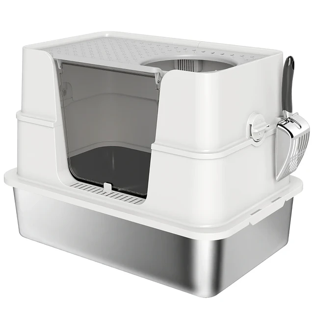 Caixa de Areia para Gatos de Aço Inoxidável XL com Tampa Abatível Entradas Altas Pá Antifugas 60,2x40,2x44,5 cm Cinza Claro