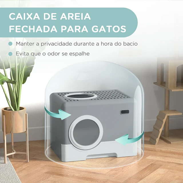 Caixa de Areia para Gatos com Pá Bandeja Removível 2 Portas Entrada Frontal e Saída Superior 52x41x38,5 cm Cinzento