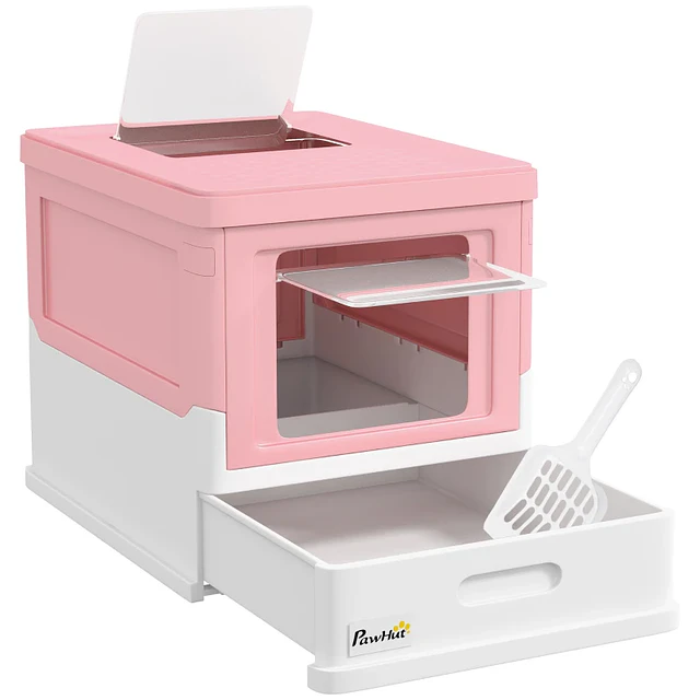 Caixa de Areia para Gatos Dobrável Caixa de Areia para Gatos Fechada com Bandeja Removível e Pá 47,5x35,5x36,7cm Rosa