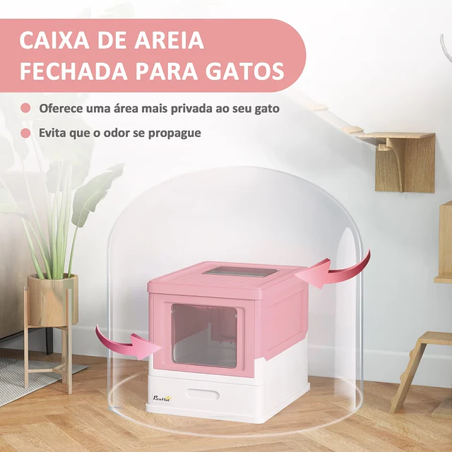Caixa de Areia para Gatos Dobrável Caixa de Areia para Gatos Fechada com Bandeja Removível e Pá 47,5x35,5x36,7cm Rosa