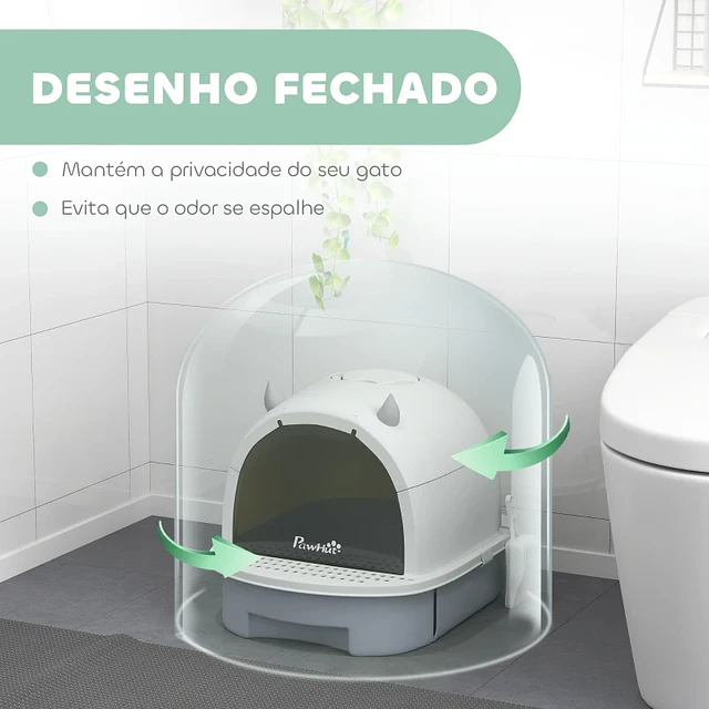 Caixa de Areia para Gatos Fechada com Tampa e Bandeja Amovíveis Filtro de Carvão e Pá 40,5x52x39 cm Branco e Cinza
