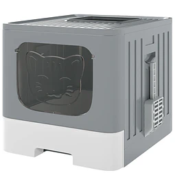 Caixa de Areia para Gatos Dobrável M Caixa de Areia com Tampa de Grelha Gaveta Removível Pá Gancho Lateral Fácil de Limpar Antifugas Cinzento