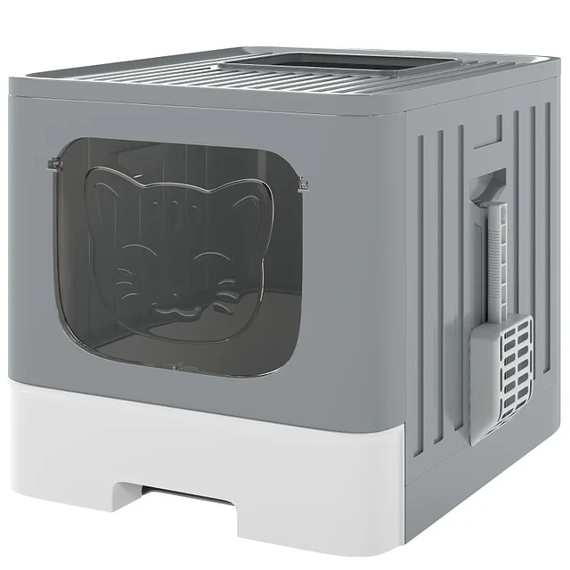 Caixa de Areia para Gatos Dobrável M Caixa de Areia com Tampa de Grelha Gaveta Removível Pá Gancho Lateral Fácil de Limpar Antifugas Cinzento