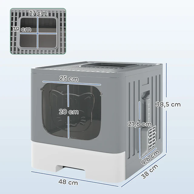 Caixa de Areia para Gatos Dobrável M Caixa de Areia com Tampa de Grelha Gaveta Removível Pá Gancho Lateral Fácil de Limpar Antifugas Cinzento