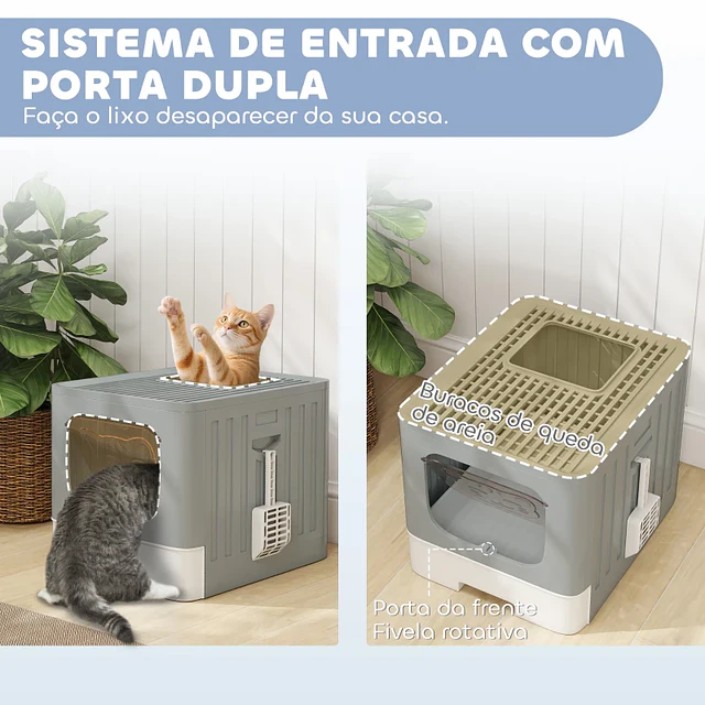 Caixa de Areia para Gatos Dobrável M Caixa de Areia com Tampa de Grelha Gaveta Removível Pá Gancho Lateral Fácil de Limpar Antifugas Cinzento