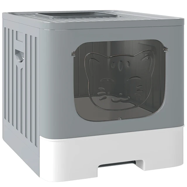 Caixa de Areia para Gatos Dobrável M Caixa de Areia com Tampa de Grelha Gaveta Removível Pá Gancho Lateral Fácil de Limpar Antifugas Cinzento