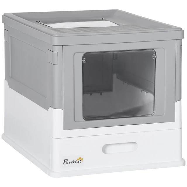 Caixa de Areia para Gatos Dobrável Caixa de Areia para Gatos Fechada com Bandeja Removível e Pá 47,5x35,5x36,7cm Cinza