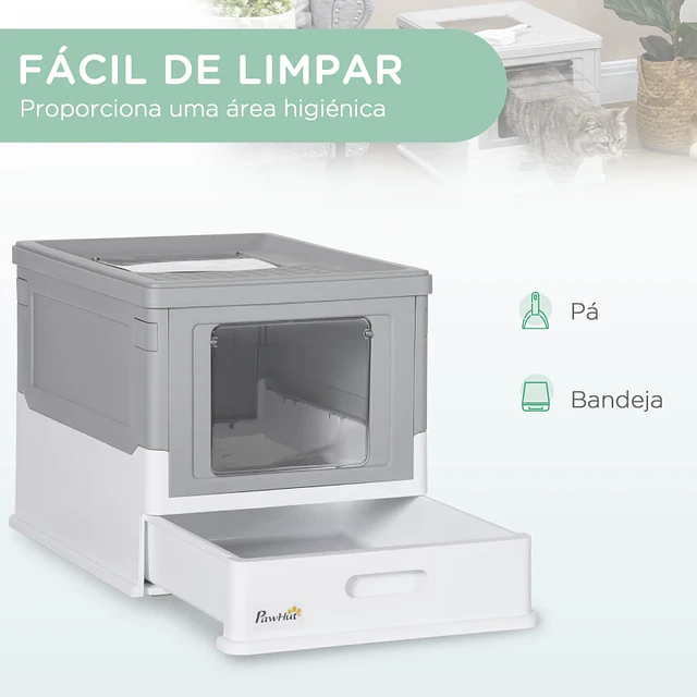 Caixa de Areia para Gatos Dobrável Caixa de Areia para Gatos Fechada com Bandeja Removível e Pá 47,5x35,5x36,7cm Cinza