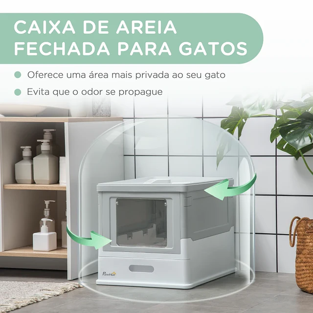 Caixa de Areia para Gatos Dobrável Caixa de Areia para Gatos Fechada com Bandeja Removível e Pá 47,5x35,5x36,7cm Cinza