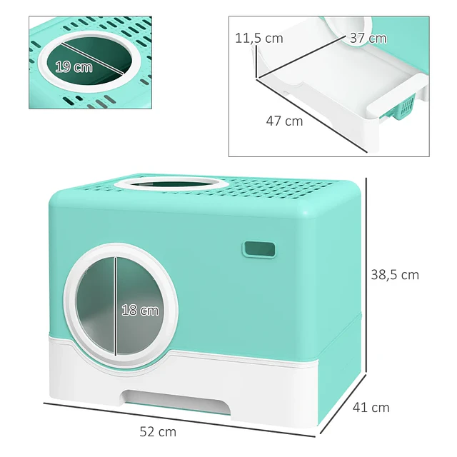 Caixa de Areia para Gatos com Pá Bandeja Removível 2 Portas Entrada Frontal e Saída Superior 52x41x38,5 cm Verde