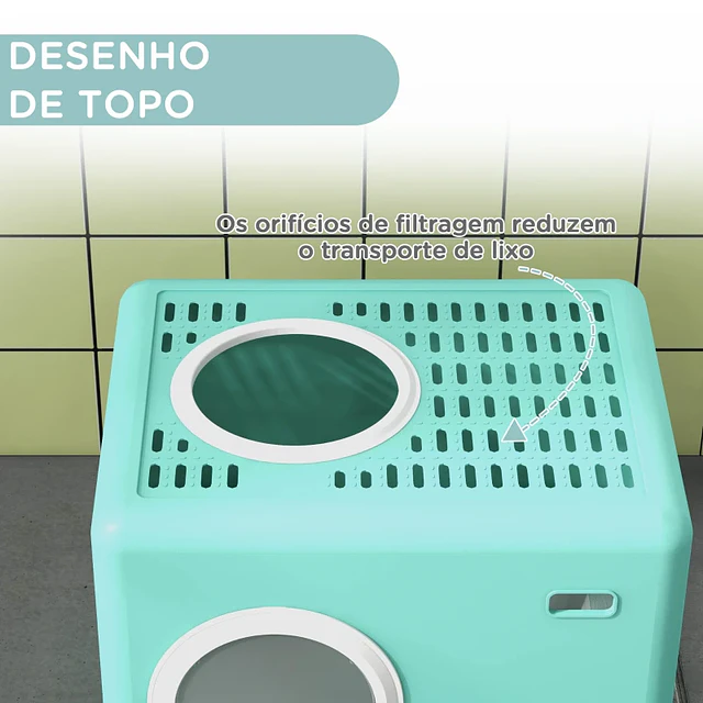 Caixa de Areia para Gatos com Pá Bandeja Removível 2 Portas Entrada Frontal e Saída Superior 52x41x38,5 cm Verde