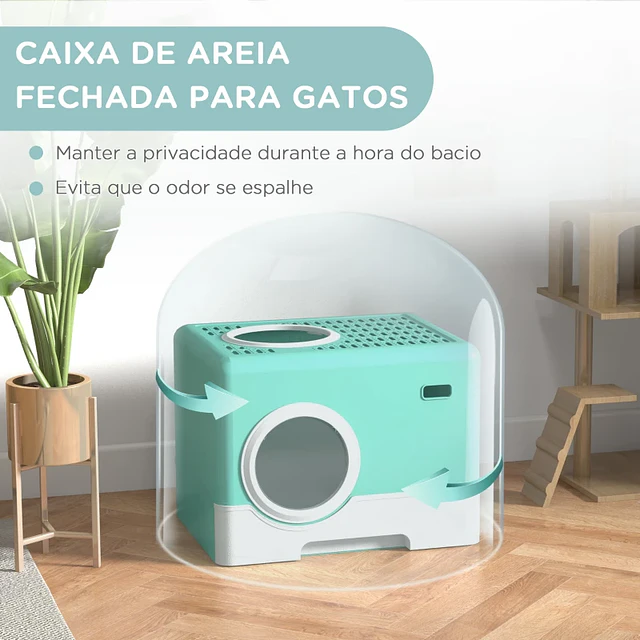 Caixa de Areia para Gatos com Pá Bandeja Removível 2 Portas Entrada Frontal e Saída Superior 52x41x38,5 cm Verde
