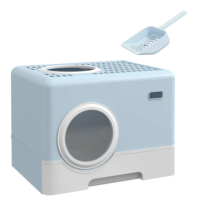 Caixa de Areia para Gatos com Pá Bandeja Removível 2 Portas Entrada Frontal e Saída Superior 52x41x38,5 cm Azul Claro