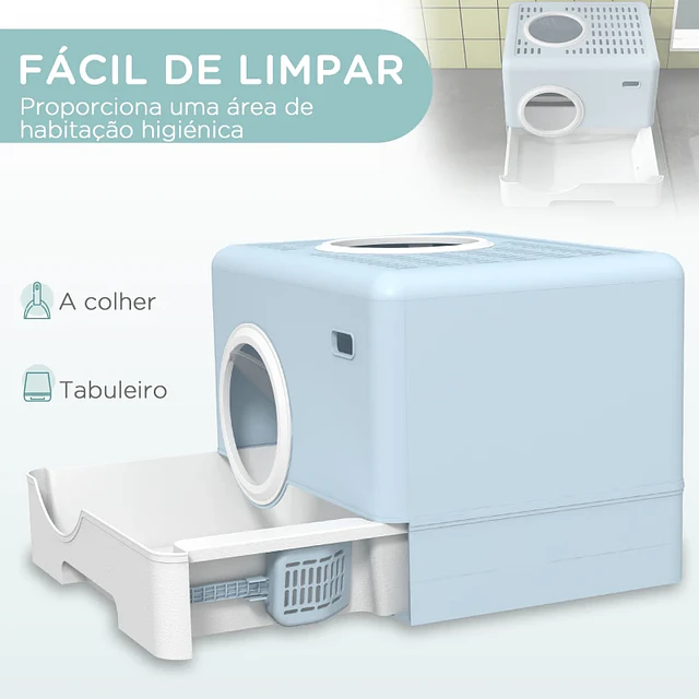 Caixa de Areia para Gatos com Pá Bandeja Removível 2 Portas Entrada Frontal e Saída Superior 52x41x38,5 cm Azul Claro