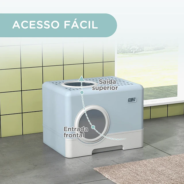 Caixa de Areia para Gatos com Pá Bandeja Removível 2 Portas Entrada Frontal e Saída Superior 52x41x38,5 cm Azul Claro