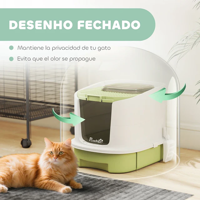 Caixa de Areia para Gatos Fechada com Entrada Frontal Saída Superior Tampa Amovível Bandeja e Pá 40,5x52,5x42,5 cm Verde