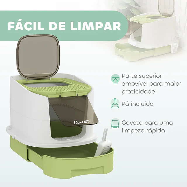 Caixa de Areia para Gatos Fechada com Entrada Frontal Saída Superior Tampa Amovível Bandeja e Pá 40,5x52,5x42,5 cm Verde