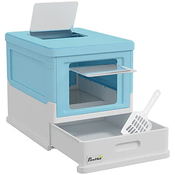 Caixa de Areia para Gatos Dobrável Caixa de Areia para Gatos Fechada com Bandeja Removível e Pá 47,5x35,5x36,7cm Azul