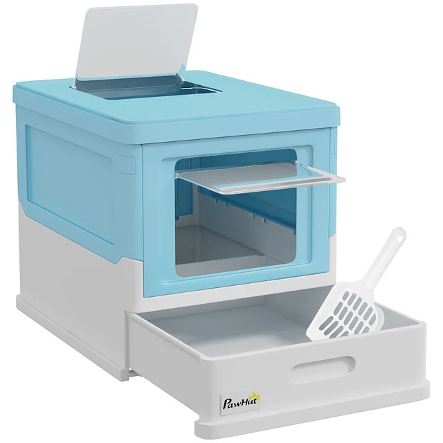 Caixa de Areia para Gatos Dobrável Caixa de Areia para Gatos Fechada com Bandeja Removível e Pá 47,5x35,5x36,7cm Azul