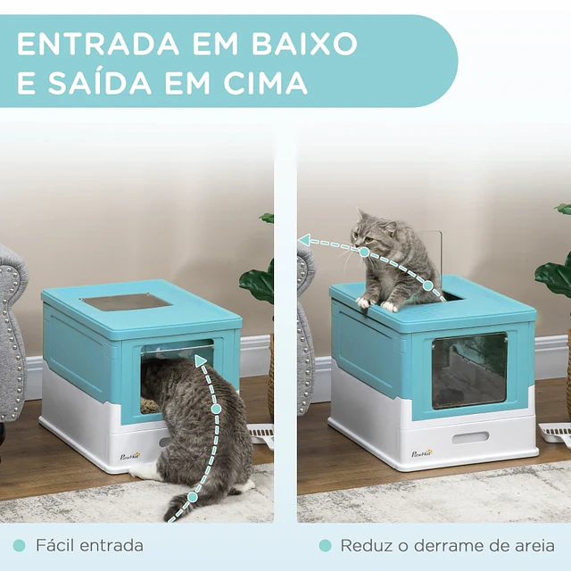 Caixa de Areia para Gatos Dobrável Caixa de Areia para Gatos Fechada com Bandeja Removível e Pá 47,5x35,5x36,7cm Azul