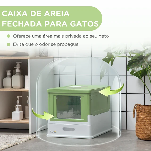 Caixa de Areia para Gatos Dobrável Caixa de Areia para Gatos Fechada com Bandeja Removível 47,5x35,5x36,7cm Verde Claro