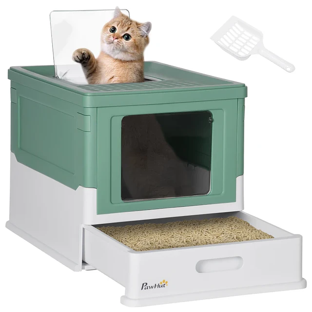 Caixa de Areia para Gatos Dobrável Caixa de Areia para Gatos Fechada com Bandeja Removível e Pá 47,5x35,5x36,7cm Verde
