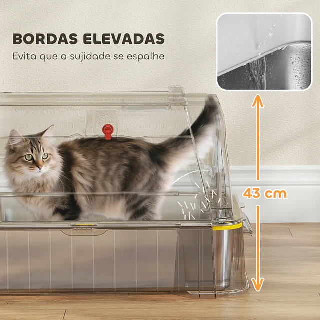 Caixa de Areia para Gatos de Aço Inoxidável XL com Tampa Articulada 180° Laterais Altas Pedal Pá 63x43x43 cm Cinza Claro