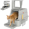 Caixa de Areia para Gatos de Aço Inoxidável XL com Tampa Articulada 180° Laterais Altas Pedal Pá 63x43x43 cm Cinza Claro