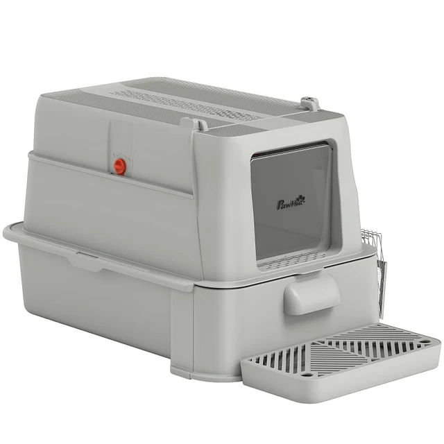 Caixa de Areia para Gatos de Aço Inoxidável XL com Tampa Articulada 180° Laterais Altas Pedal Pá 63x43x43 cm Cinza Claro