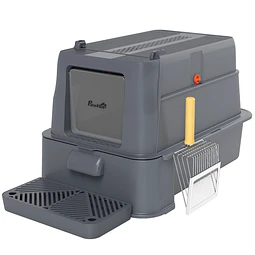 Caixa de Areia para Gatos de Aço Inoxidável XL com Tampa Articulada 180° Laterais Altas Pedal Pá 63x43x43 cm Cinzento Escuro