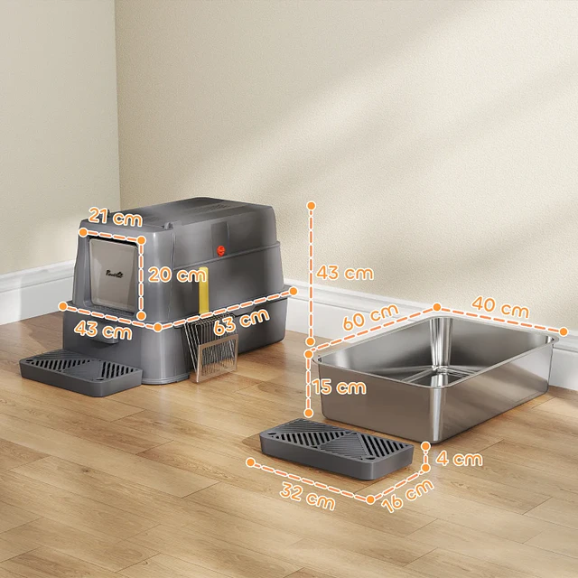 Caixa de Areia para Gatos de Aço Inoxidável XL com Tampa Articulada 180° Laterais Altas Pedal Pá 63x43x43 cm Cinzento Escuro