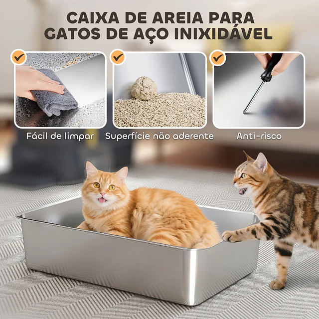 Caixa de Areia para Gatos de Aço Inoxidável XL com Tampa Articulada 180° Laterais Altas Pedal Pá 63x43x43 cm Cinzento Escuro
