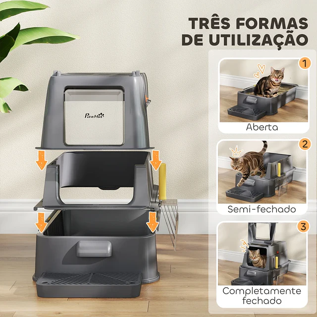 Caixa de Areia para Gatos de Aço Inoxidável XL com Tampa Articulada 180° Laterais Altas Pedal Pá 63x43x43 cm Cinzento Escuro