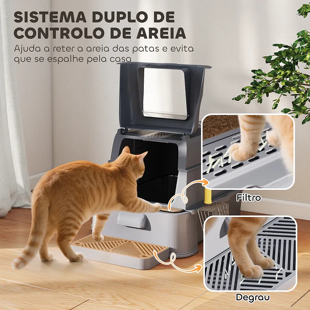 Caixa de Areia para Gatos de Aço Inoxidável XL com Tampa Articulada 180° Laterais Altas Pedal Pá 63x43x43 cm Cinzento Escuro