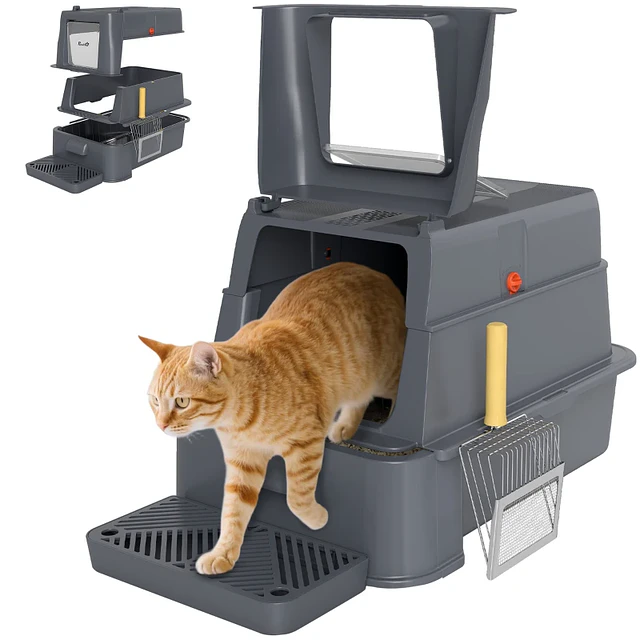 Caixa de Areia para Gatos de Aço Inoxidável XL com Tampa Articulada 180° Laterais Altas Pedal Pá 63x43x43 cm Cinzento Escuro