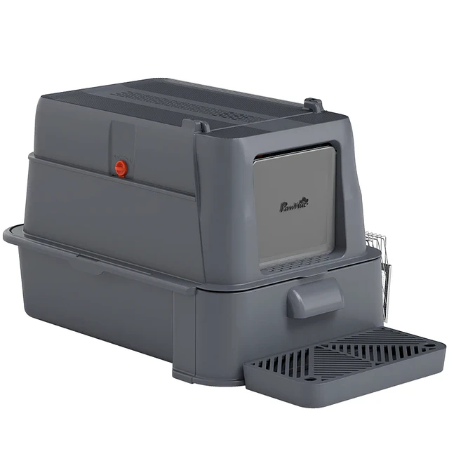 Caixa de Areia para Gatos de Aço Inoxidável XL com Tampa Articulada 180° Laterais Altas Pedal Pá 63x43x43 cm Cinzento Escuro