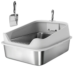 Caixa de Areia para Gatos em Aço Inoxidável XXL com Borda Alta Pá Fácil de Limpar À Prova de Fugas 70x50x30 cm Cinzento