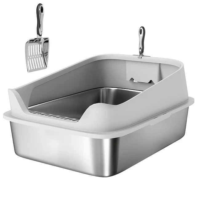 Caixa de Areia para Gatos em Aço Inoxidável XXL com Borda Alta Pá Fácil de Limpar À Prova de Fugas 70x50x30 cm Cinzento