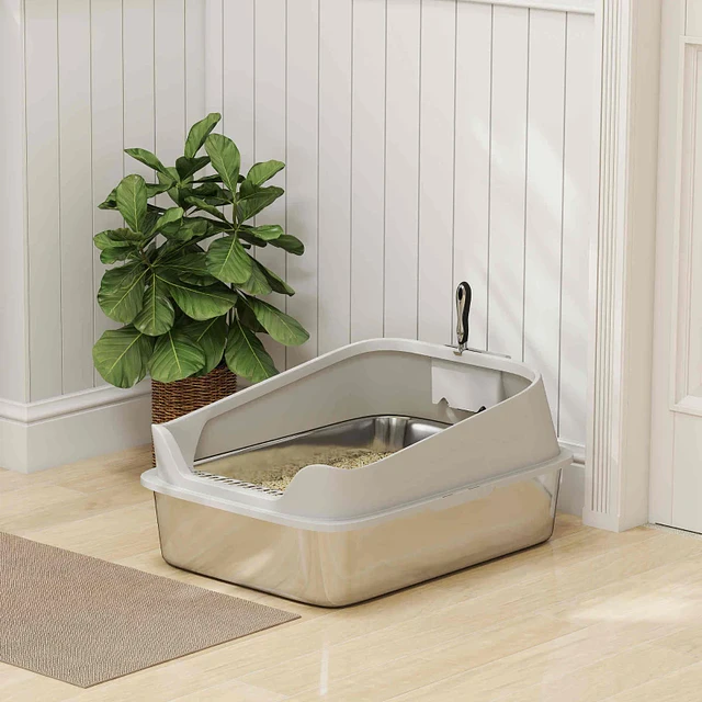 Caixa de Areia para Gatos em Aço Inoxidável XXL com Borda Alta Pá Fácil de Limpar À Prova de Fugas 70x50x30 cm Cinzento