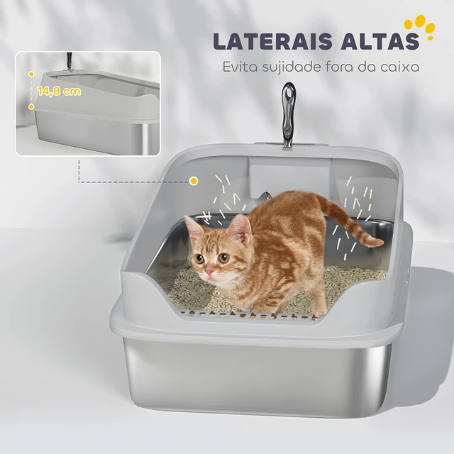 Caixa de Areia para Gatos em Aço Inoxidável XXL com Borda Alta Pá Fácil de Limpar À Prova de Fugas 70x50x30 cm Cinzento