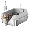 Caixa de Areia para Gatos em Aço Inoxidável XXL com Borda Alta Pá Fácil de Limpar À Prova de Fugas 70x50x30 cm Cinzento