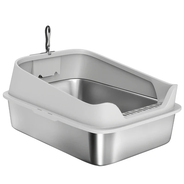Caixa de Areia para Gatos em Aço Inoxidável XXL com Borda Alta Pá Fácil de Limpar À Prova de Fugas 70x50x30 cm Cinzento
