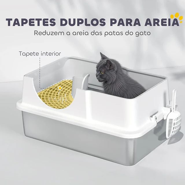 Caixa de Areia para Gatos Fechada com Bandeja de Aço Inoxidável Tampa Removível Bordos Altos e Pá 60,5x40,5x42 cm Branco