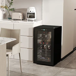 Cave de Vinho para 24 Garrafas 65L com Luz LED Interior Ecrã Tátil Digital Contolo de Temperatura Porta de Vidro e 5 Prateleiras Preto
