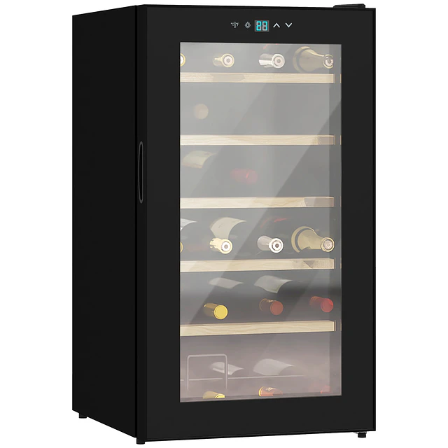 Cave de Vinho para 24 Garrafas 65L com Luz LED Interior Ecrã Tátil Digital Contolo de Temperatura Porta de Vidro e 5 Prateleiras Preto